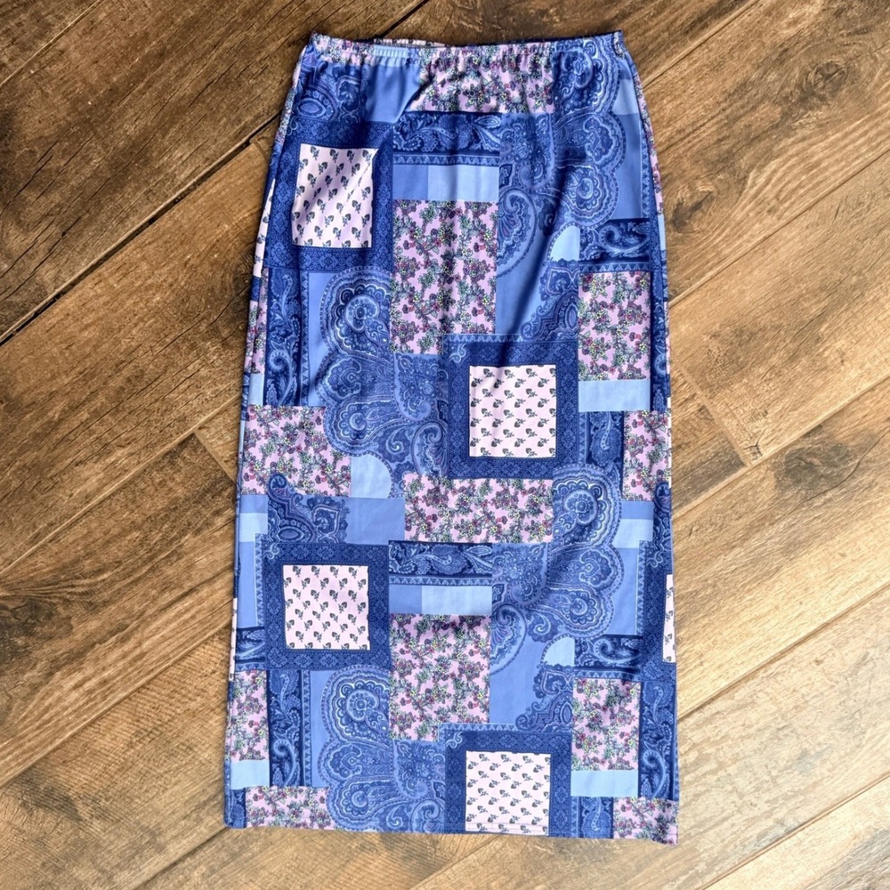Exact Change Vintage 90s Womens Patchwork Paisley Maxi Skirt, Blue Purple,M